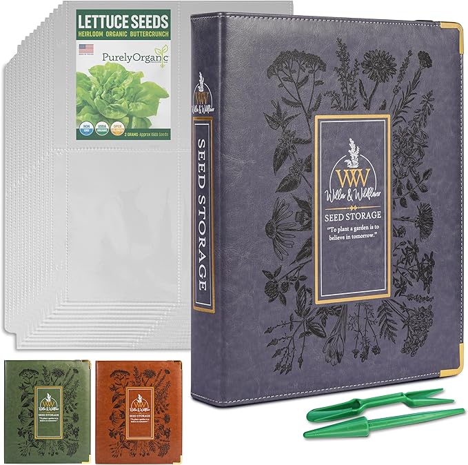 Create-ables Willow and Wildflower Garden Seed Organizer Binder, Seed Storage Organizer, Garden Binder Book for Packet Storage Catalog Can Store 120 Packets with Dibber and Widger (Slate Blue)