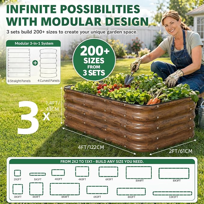3 Pcs Raised Garden Beds Outdoor, 17" Tall 3-in-1 Modular 4x2ft Galvanized Metal Planter Box with Bracing Rods and Gloves for Vegetables Flowers Herbs, Grain