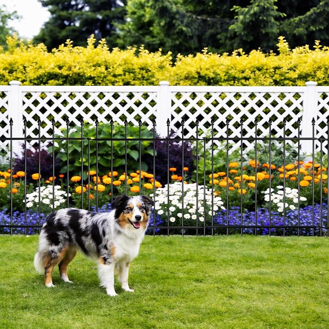 Decorative Metal Garden Fence，(12 Panels+ 13 Posts), Total Iength24 ft(W) x 24 in(H), High Metal Border Fence, Classic Roman Column Decoration, Garden and Lawn Landscape Fence, Black Animal Fence