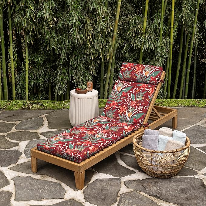 Arden earthFIBER Outdoor Chaise Cushion, 21 x 72, Rain-Proof, Fade Resistant, Cushion for Chaise Lounger Luau Red Tropical Floral