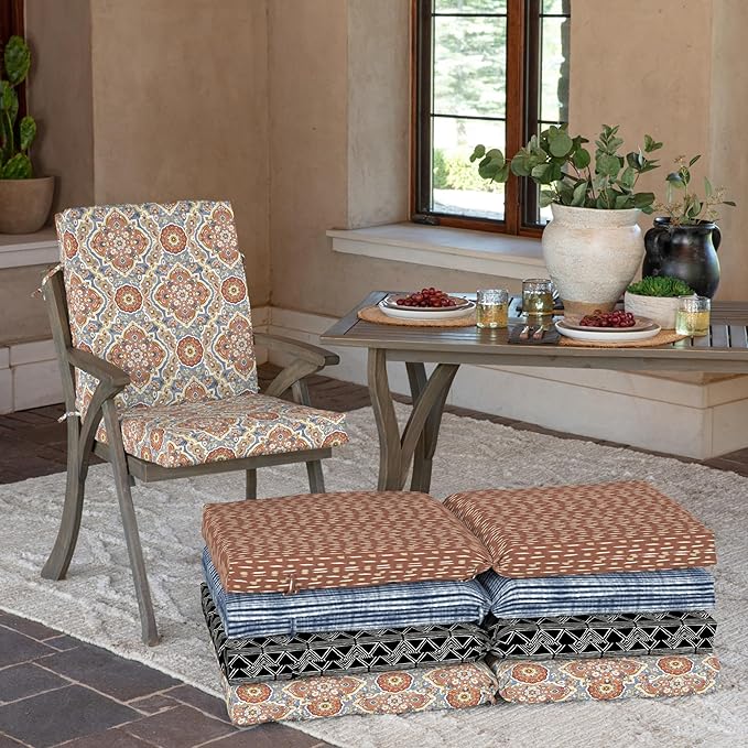 Arden 4-Pack Outdoor Patio Dining Chair Cushion, 20x44, Rain-Proof Seat Pad, Fade-Resistant Outdoor Cushion Global Vintage Medallion