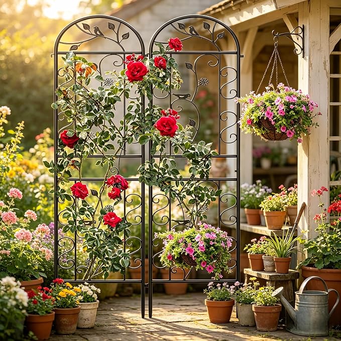 2 Pack 87"x20" Black Metal Garden Trellises, Decorative Daisy & Bird Rustproof Trellis for Outdoor Climbing Plants, Roses, Vines, Cucumbers & Vegetables