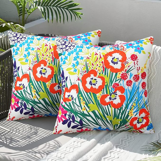 Merrycolor Pack of 2 Outdoor Pillow Covers 18x18 Waterproof Decorative Floral Square Pillowcase Cushion Cases Outdoor Pillows for Patio Furniture Garden Balcony Couch