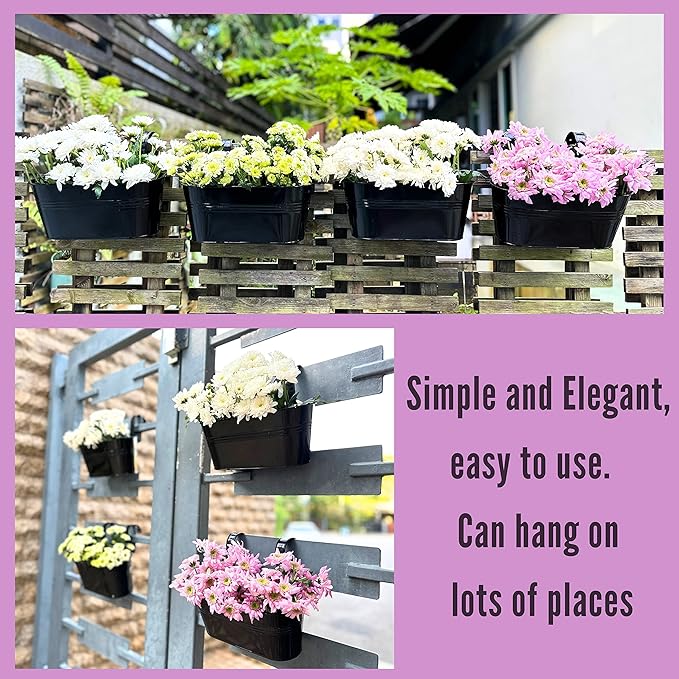 LaLaGreen Outdoor Plants Rail Planter (11.2 Inch, 15 Pack) Black Metal Iron Hanging Flower Pots Deck Railings Fence Buckets Modern Boho Style Wall Mount Window Box Plant Holder Hooks Porch Home Decor
