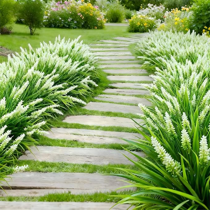 Geegoods Artificial Plants Flowers Outdoor – 48 Bundles UV Resistant Faux Lavender Flowers with Monkey Grass for Garden Porch Window Patio Hanging Planter Decor