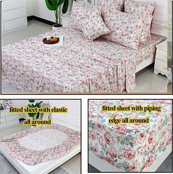 FADFAY Rose Floral Sheets Set Twin XL Vintage Red Floral Bedding Shabby Rose Sheets French Country Farmhouse Bedding 800 Thread Count 100% Egyptian Cotton Deep Pocket Fitted Sheet 4Pcs, Twin XL Size