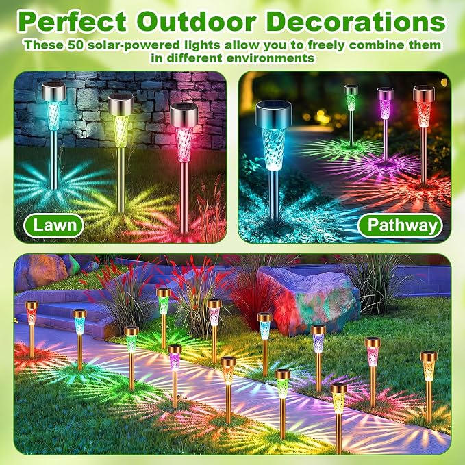 Huquary 50 Pcs Solar Lights Outdoor Waterproof Bulk LED Stainless Steel Solar Outdoor Pathway Garden Landscape Path Lights for Pathway Lawn Porch Garden Walkway Driveway Outside Decor(Multicolor)