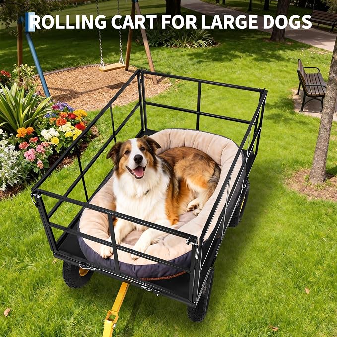 Heavy Duty 1500 Lbs Steel Garden Cart – 3-in-1 Utility Wagon & Trailer with Removable Mesh Sides, 13" All-Terrain Tires, 180° Rotating Handle for Lawn, Yard, Gardening Tasks, Outdoor Hauling