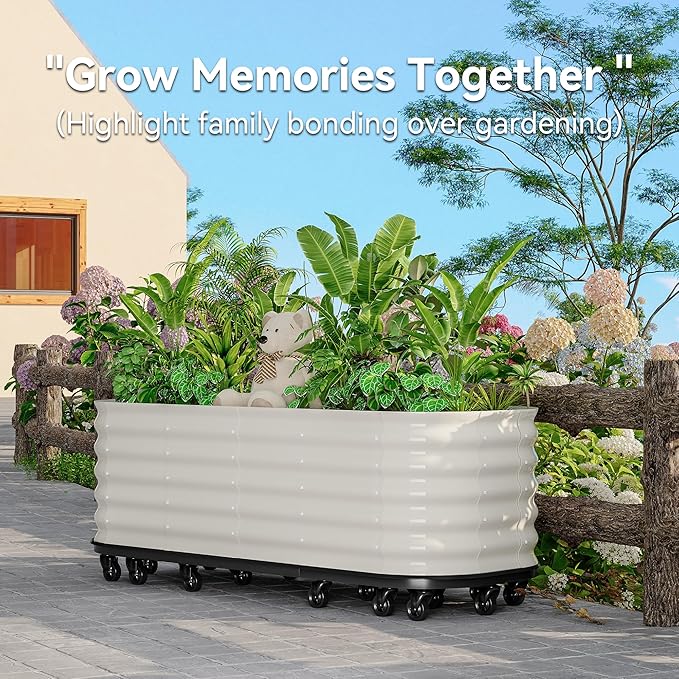 GarveeHome Self-Watering Wheeled Metal Garden Bed – Mobile Raised Planter Box with Water, Galvanized Steel Indoor/Outdoor Rolling Grow Station for Herbs, Veggies & Decor (94.5"x23.6"x19.7"),White