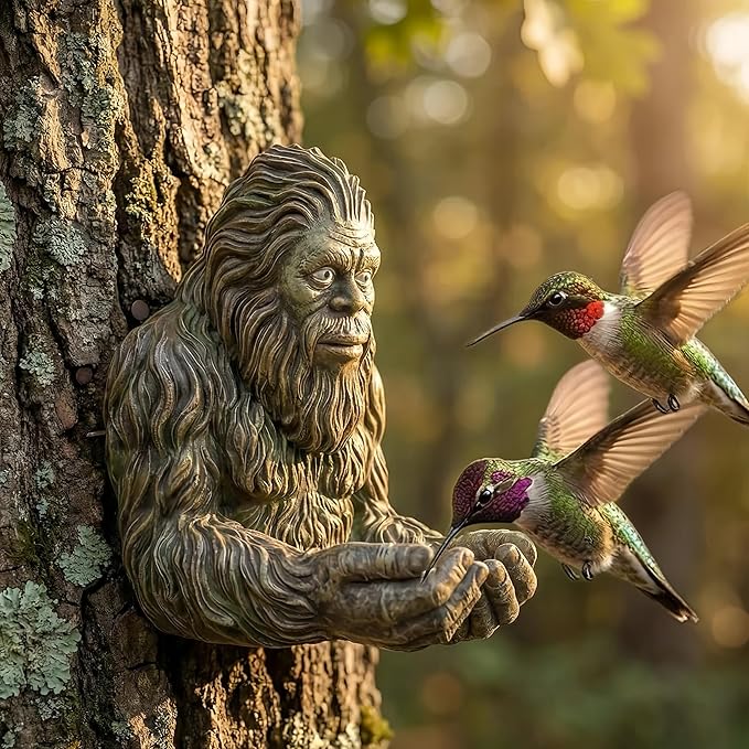 Bigfoot Bird Feeder Satue: 6" Green Garden Yard Art Decoration Sculpture for Hummingbird Squirrel - Handcraft Outdoors Hanging Feeder Decor Gifts for Mom Gardening Bird Lover's
