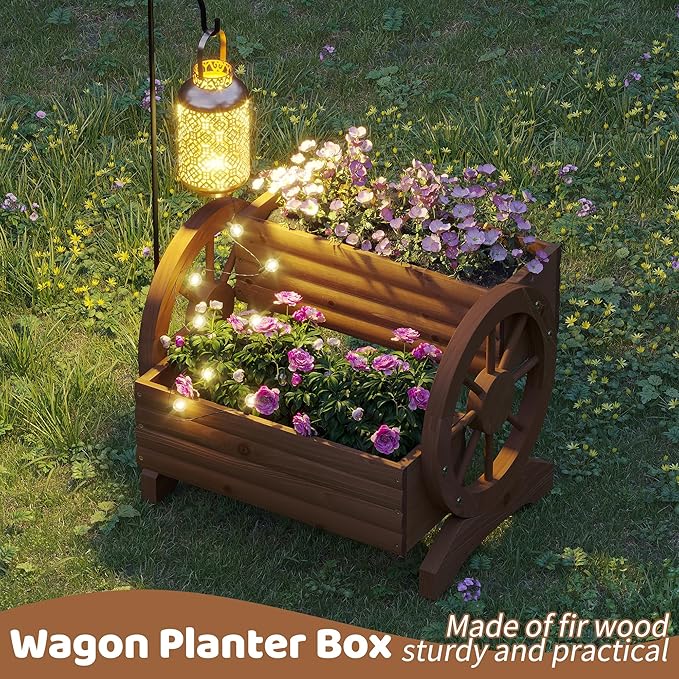 FILWH Wooden Wagon Planters for Outdoor Plants, Flower Cart, Wood Planter Boxes Outdoor, Backyard Decor, Flower Planters Outdoor with Wheels Planter for Flowers Vegetables (Brown)