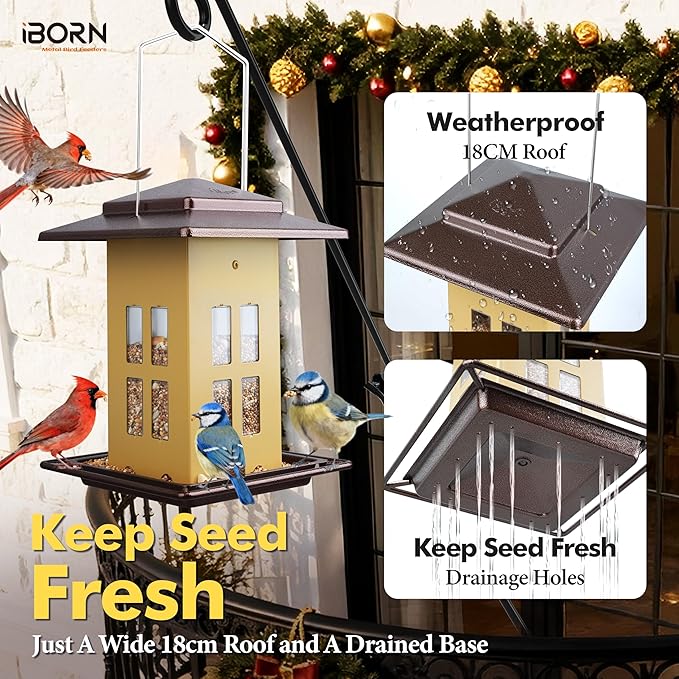 iBorn Bird Feeders for Outdoors, Metal Bird Feeder, Wild Bird Feeders for Cardinal, 2.4LBS Capacity,18cm Large Roof, Lantern Style, Black (Muted Yellow)