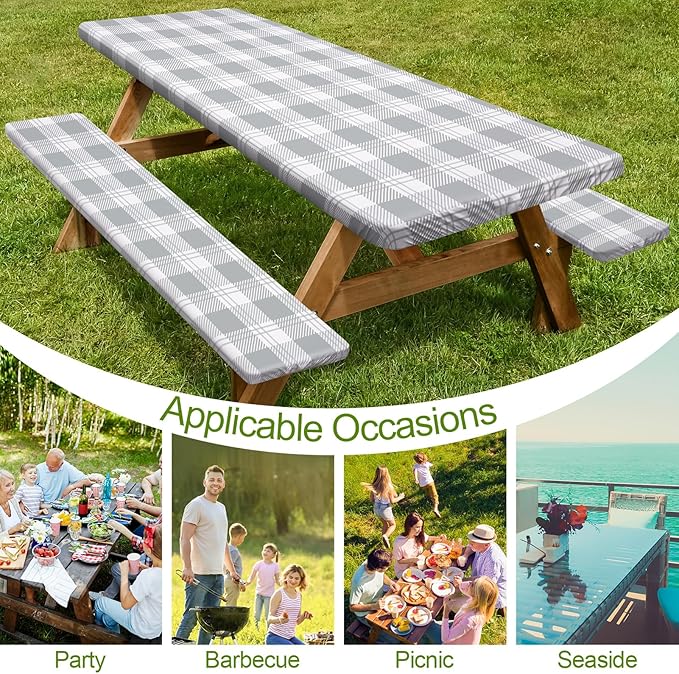 Play Tailor Picnic Table Cover with Bench Covers Camping Essentials Waterproof Windproof Camping Tablecloth with Drawstring Bag, Fitted Rectangle Tables and Seats, 96in, Grey Checkered