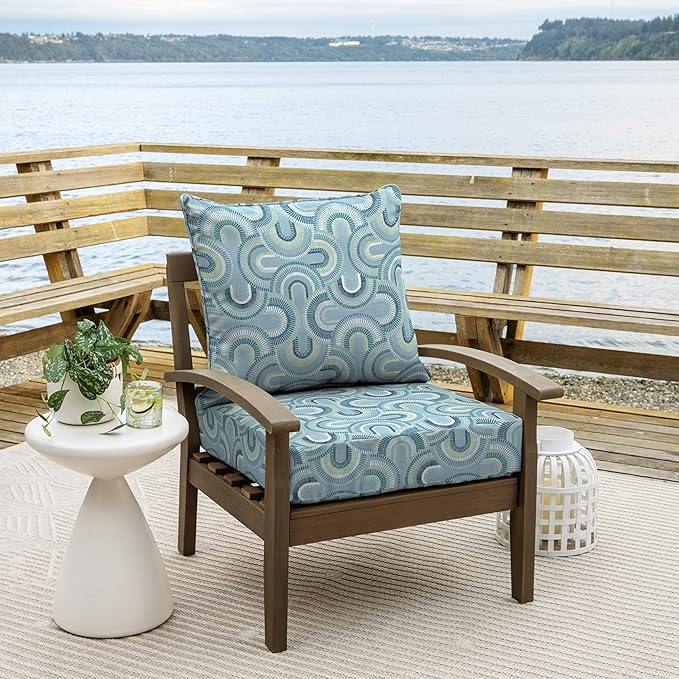 Arden Outdoor Deep Seat Cushion Set (2-Pack), 24 in x 24 in, Weather-Proof, Rain-Proof, Fade Resistant Patio Cushion for Chair, Sofa, and Couch Coastal Blue Geometric