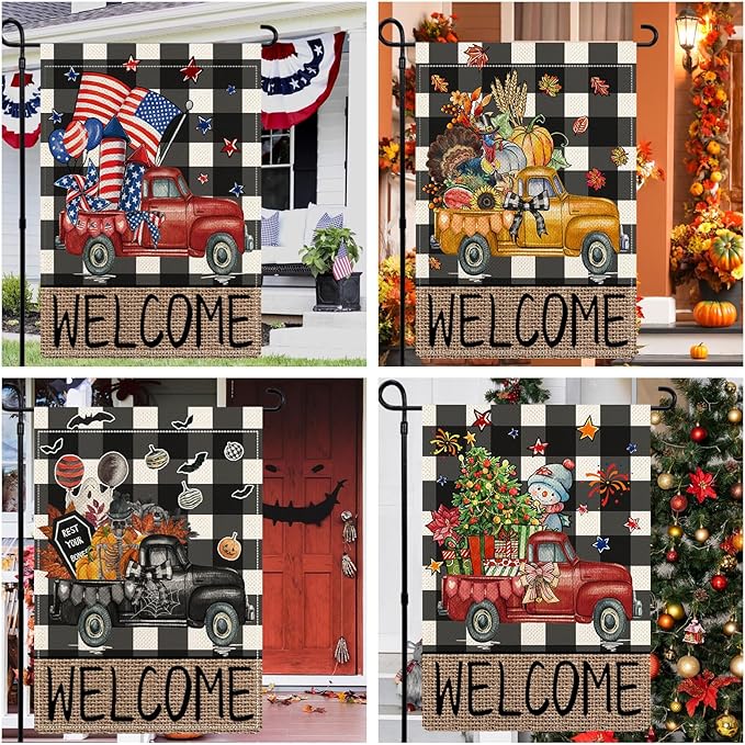 Rustic Truck Buffalo Plaid Garden Flags for Outside Set of 12, Welcome Seasonal Garden Flags 12x18 Double Sided, Car Holiday Lawn Flags, Winter Spring Outside Decorations for Yard
