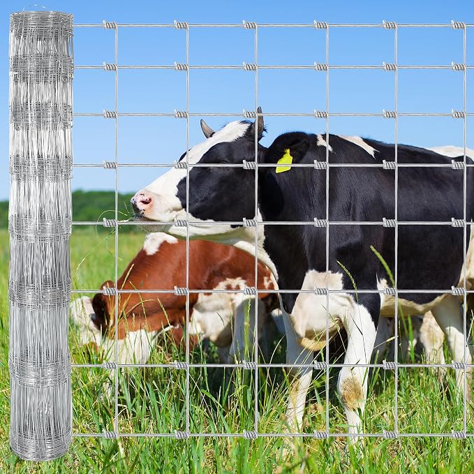  Farm Fence, 4Ft x 328Ft Galvanized Wire Fencing, Goat Cattle Deer Livestock Fence, Heavy Zinc Goat Fences for Goat Deer Yard Livestock Protection