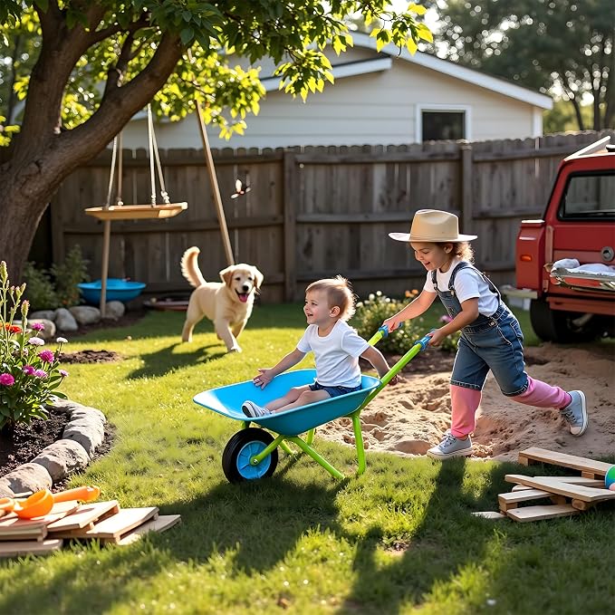 G & F Kids Metal Wheelbarrow, Child-Size Steel Garden Wheelbarrow for Toddlers & Kids, Sturdy Single-Wheel Design for Outdoor Play, Gardening & Sandbox Fun Activities, 28" H x 12" W Kid Size