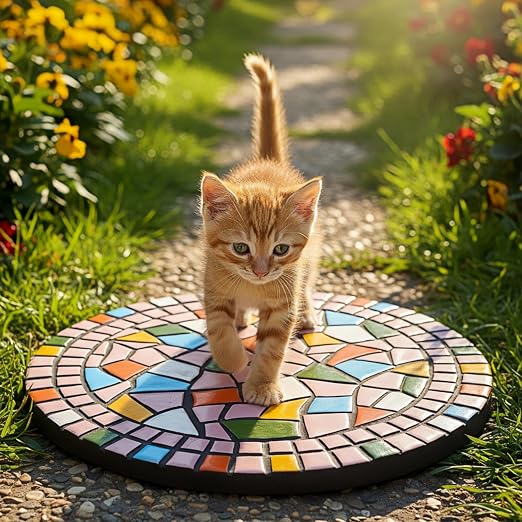 Garden Decoration - Mosaic Stepping Stone - Patio Decoration Stone 12 Inch (1, Pink, Medium)