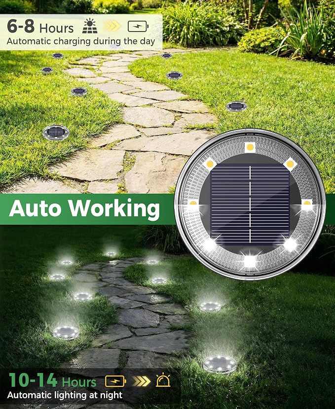LOTMOS 10 Pack Solar Ground Lights Outdoor, 8 LED Solar Flat Lights IP68 Waterproof Disc Light, Landscape Lighting Solar Powered for Garden Yard Path Driveway Lawn Patio Walkway, Cool White