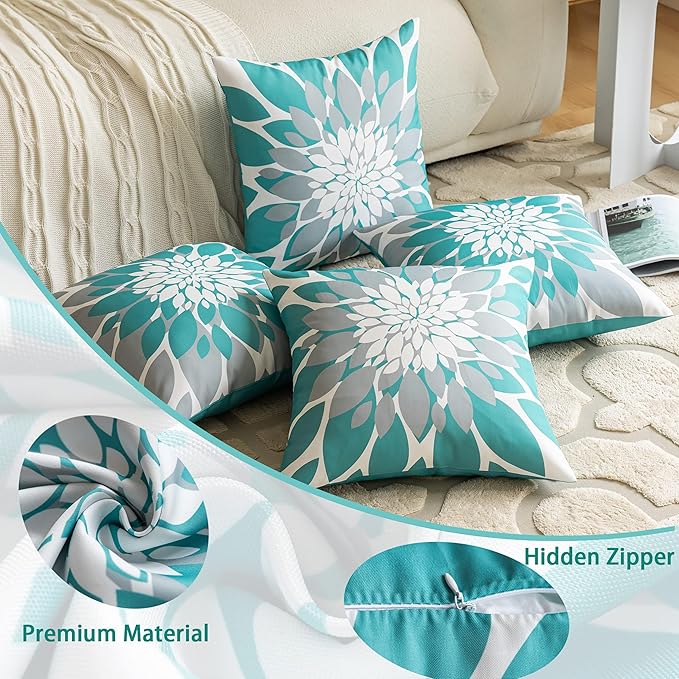 Qahing Pack of 4 Outdoor Waterproof Pillow Covers 18x18 Decorative Outdoor Throw Pillows Garden Square Cushion Cases for Patio Furniture, Couch, Tent Sunbrella, Bench, Teal Turquoise Grey