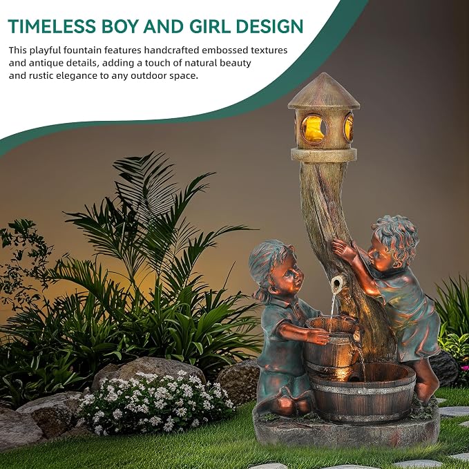 AUTODAYA 31" Boy & Girl Outdoor Water Fountain with LED Lights, Pagoda and Wood Barrel Garden Fountain, 3-Tier Cascading Waterfall for Tranquil Backyard, Patio or Porch, Faux Bronze Finish