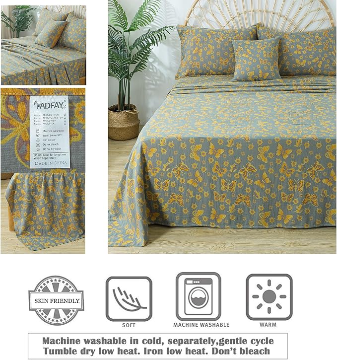 FADFAY Butterfly Sheets Set King Vintage Yellow Grey Floral Bedding Shabby Farmhouse Bedding Super Soft Washed Double -Layer Muslin Sheets 100% Cotton Deep Pocket Fitted Sheet 4Pcs, King Size