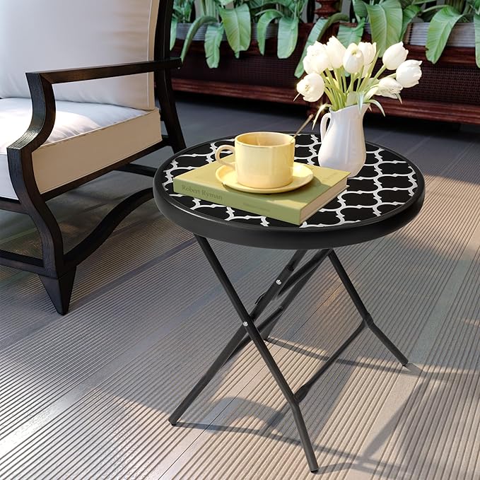 Foldable Patio Side Tables, 17.7" Small End Table Outdoor Weatherproof, Round Glass Top Outside Folding Table for Poolside, Balcony, Yard, Porch（Black and White Stripe）