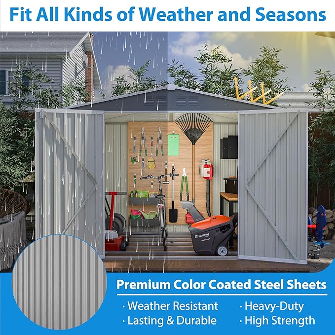 KEIKI Storage Shed 8x6 FT, Large Metal Tool Shed for Outdoor Storage, Galvanized Steel Garden Shed with Lockable Doors for Patio, Backyard, Lawn, Grey