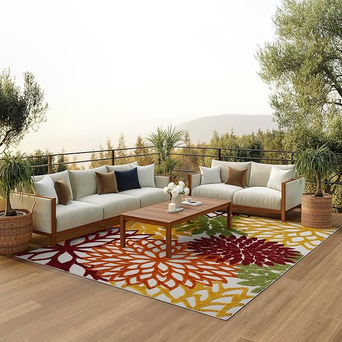 Nourison Home Aloha Indoor/Outdoor Red Multi Colored 6' x 9' Area Rug, Tropical, Botanical, Easy Cleaning, Non Shedding, Bed Room, Living Room, Dining Room, Deck, Backyard, Patio (6x9)