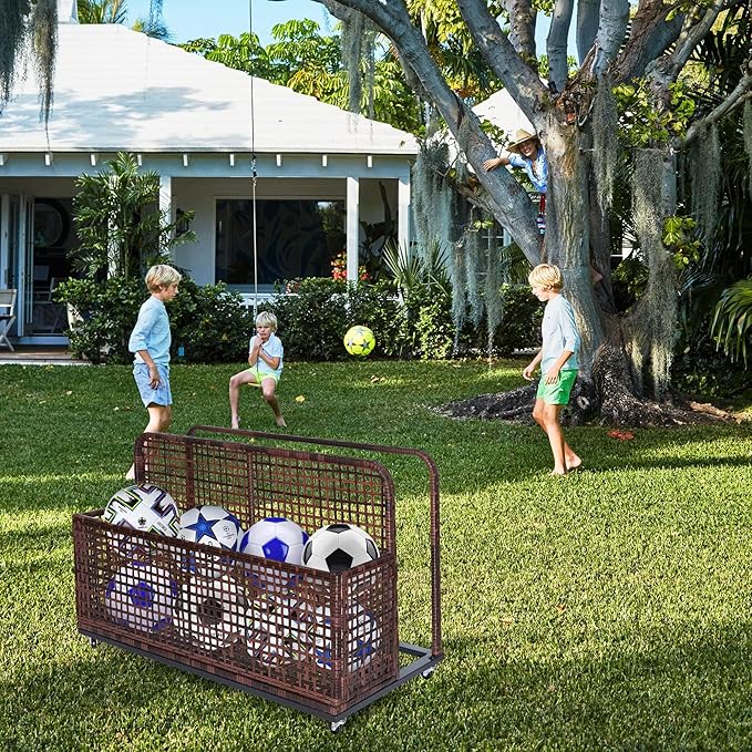 Poolside Float Storage with Wheels, Rolling PE Rattan Pool Caddy with Compartment and Basket, Wicker Outdoor Storage Organizer for Floats, Towels, Toys, Patio Accessories, Brown