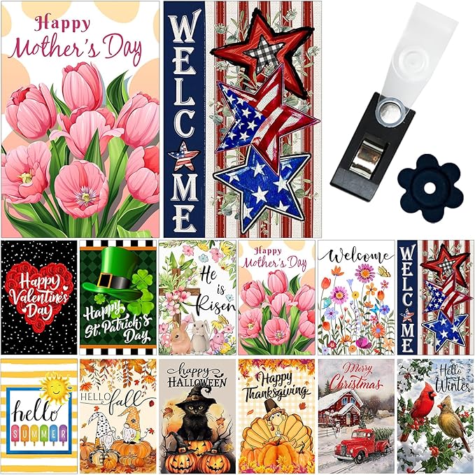 Seasonal Garden Flag Set of 12 Double Sided 12x18 Inch, Holiday Mothers Day 4th of July Garden Flag for Outside, Small Yard Flags for the Entire Year, with Free Anti-Wind Clip and Stopper