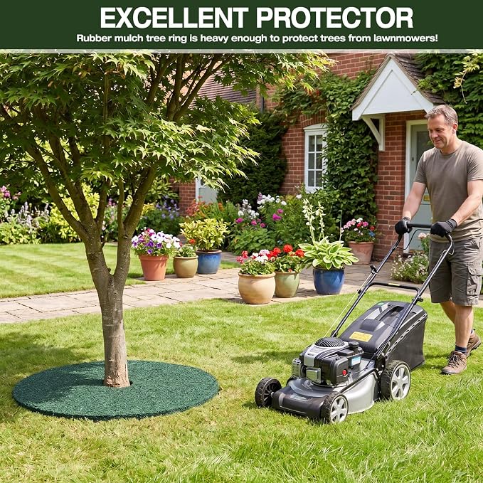 Peryiter 3 Pcs Double Side Rubber Mulch Tree Ring 24 Inch Heavy Duty Rubber Mulch Mat Tree Protector Weed Barrier Mats Reversible Round Root Ring for Prevent Weed Grass Animal Dig Dark Green Black