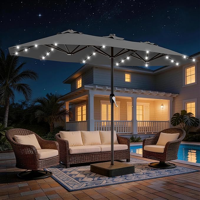 AreShark 15FT Patio Umbrella with Solar Lights, Double Sided Outdoor Table Umbrellas with Crank, Large Rectangular Market Umbrella for Porch, Lawn, Pool, Backyard, Gray