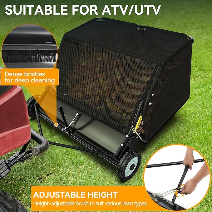 YINTATECH 50in Tow-Behind Lawn Sweeper, Heavy-Duty Garden Sweeper with 25 Cu. ft Hopper Bag, Leaf Grass Collector, Adjustable Brush Height, Anti-Splash Cover, Dumping Rope for Yard Lawn