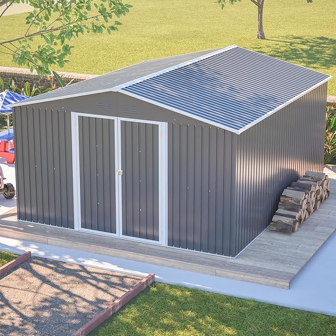 YOPTO 11x13 FT Outdoor Storage Shed,Heavy Duty Metal Shed W/Floor Frame,Garden Shed W/ 4 Air Vents & Sloped Roof,for Backyard,Patio,Lawn,Gray
