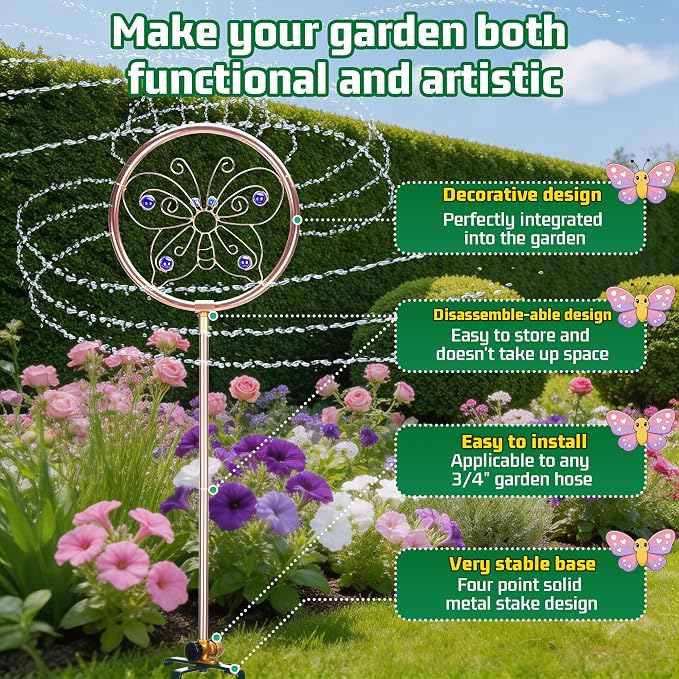 34" Tall Copper-Coated Stainless Steel Garden Sprinkler, 360° Rotating Decorative Ornamental Sprinkler for Lawn, Yard & Landscape Watering (Butterfly)