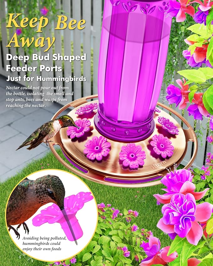 iBorn Hummingbird Feeders for Outdoors Hanging with Ant Moat for Hummingbird Feeder Glass 8 Ports for 16oz Hummingbird Nectar,Fuchsia Magenta, Copper Brush Cover,Pack of 1