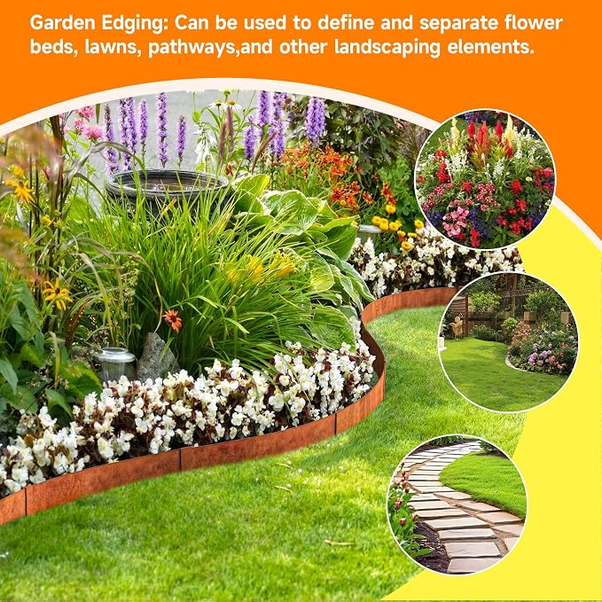 20ft.Cor-Ten Weathering Steel Landscape Edging(6 Pack)-8"x40"- Pre-Rusted Garden Edging with 7 Clips & Gloves - Durable,Flexible, Easy-to-Install for Landscaping,Tree Rings,Lawn & Garden
