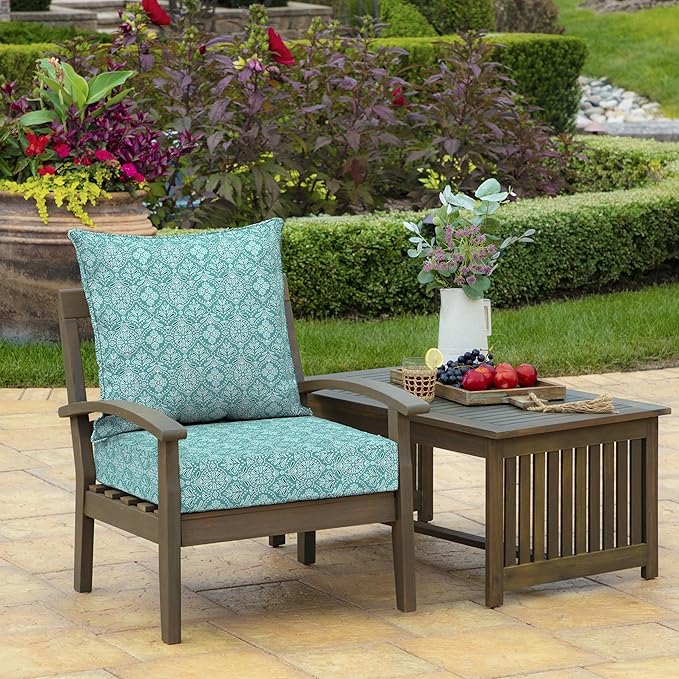 Arden Outdoor Foam Deep Seat Cushion Set, 24 in x 24 in, Weather-Proof, Rain-Proof, Fade Resistant Patio Cushion, Bottom and Back Cushion for Chair, Sofa, and Couch Turquoise Daphne Medallion