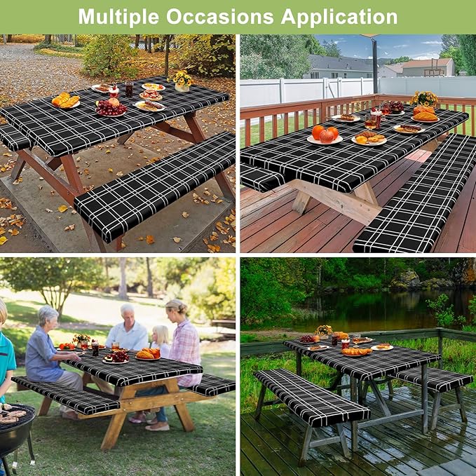 Picnic Table Cover with Bench Covers Camping Essentials Waterproof Windproof Camping Tablecloth with Drawstring Bag, Fitted Rectangle Tables and Seats, 60in, Black Checkered