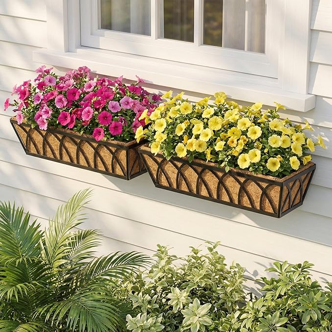 30 Inch 2 Pack Railing Planter with Adjustable Brackets, Window Box with Coco Liner, Hanging Metal Flower Box for Balcony Deck Fence Porch, Black