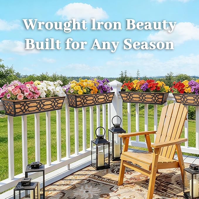 4 Pack 30 Inch Window Boxes Planters with Coco Liner, Large Metal Railing Planter Boxes for Deck, Heavy Duty Hanging Trough for Fence and Front Porch Garden Flower Display