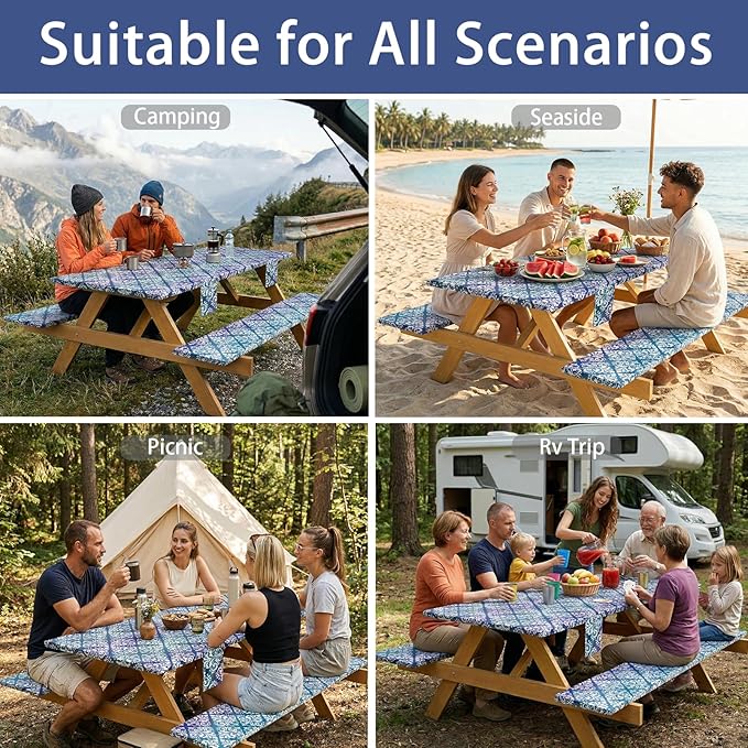 Fitted Waterproof Picnic Table Cover with Bench Covers Elastic Reusable Camping Table Cloths for 6Ft Rectangle Tables Summer Camp Motorhome Party Gear Outdoors Car Travel Trailer Gadgets Gift