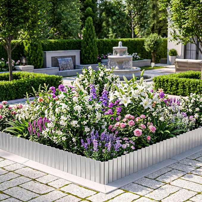 MTART Metal Garden Edging for Landscaping, Sturdy Corrugated Edging Border for DIY Flower Bed, Lawn and Landscape Edging (Silver, 6"×20Ft)