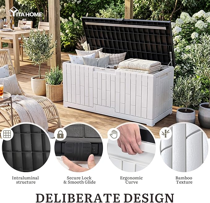 YITAHOME Large Deck Box 120 Gallon Resin Outdoor Storage Box w/Slide-Locking Black Lid, Patio Storage Bin for Outdoor Pillows, Garden Tools and Pool Supplies, Waterproof, Lockable, Grayish-White