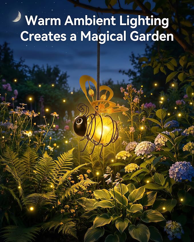 Solar Hanging Bee Light – Outdoor Metal Garden Decor with LED Glow, Yellow Glass Body – Waterproof Solar Powered Insect Ornament for Yard, Tree, Porch, Patio Outdoor Lighted Holiday Displays (2 Pack)