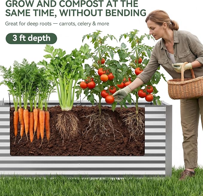 Lineware 8x4x3 ft Tall Galvanized Raised Garden Bed with Self-Watering System, Elevated Planter Boxes Outdoor, Rectangular Deep Raised Beds for Gardening,Vegetables,Flowers, Backyard, Patio