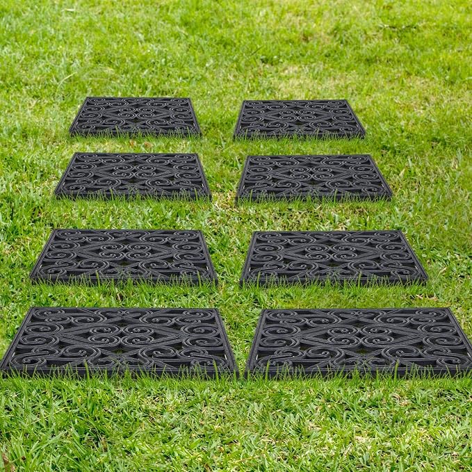 Pangda 8 Pack Rubber Stepping Stones Outdoor 15x15 Inch Garden Path Tiles Non Slip Walkway Pavers Heavy Duty Decorative Mats for Outside Patio Lawn Pathway Gravel Dirt Grass Yard (Black)