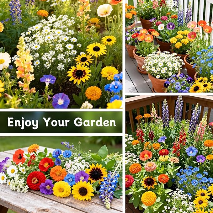 LUOJIBIE Wildflower Seeds Bulk, 10,000+ Flowers Seeds for Planting Outdoor, 16 Varieties Annual & Perennial Flowers Seeds Mix Color for Garden, 2 Oz Packet, Non-GMO, Attracts Pollinators, Easy to Grow
