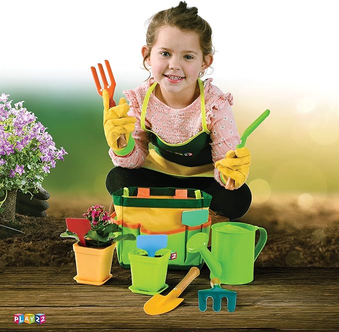 Play22 Kids Gardening Tool Set 12 PCS - Kids Gardening Tools Shovel Rake Fork Trowel Apron Gloves Watering Can and Tote Bag, Toddler Gardening Tools for Kids Best Outdoor Toys Gift for Boys and Girls